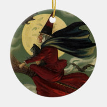 Sorcière vintage de Halloween montant un balai et  Ornements