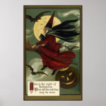 Sorcière vintage de Halloween montant un balai et  Affiches