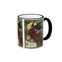 Sorcière vintage de Halloween montant un balai et  Tasse