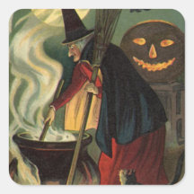 Sorcière vintage de Halloween remuant le chaudron  Autocollant Carré