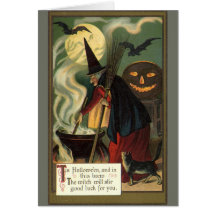 Sorcière vintage de Halloween remuant le chaudron  Carte