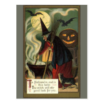 Sorcière vintage de Halloween remuant le chaudron  Cartes Postales