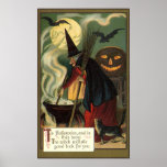 Sorcière vintage de Halloween remuant le chaudron  Affiches