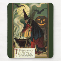 Sorcière vintage de Halloween remuant le chaudron  Tapis De Souris