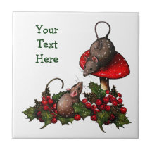 Souris, champignon : Houx de Noël : Neige : Art Carreau