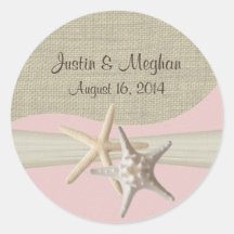 Starfish & Burlap Pink Round Sticker