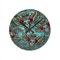 Sugar skull owl pattern in blue pink and yellow. horloges murales