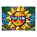 Sun tropical lumineux et coloré et paumes carte de vœux