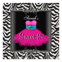 Sweet sixteen rose de zèbre robe noire de 16 anniv invitations personnalisées