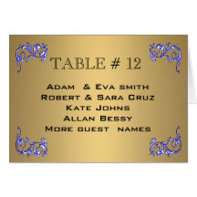 Table bleue de mariage de nombre de table d'or élé cartes de vœux