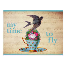 Tasse de thé vintage, roses, et hirondelle de vol cartes postales