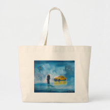 TAXI DE JAUNE DE COUPLES DE JOUR PLUVIEUX SACS EN TOILE