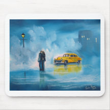TAXI DE JAUNE DE COUPLES DE JOUR PLUVIEUX TAPIS DE SOURIS