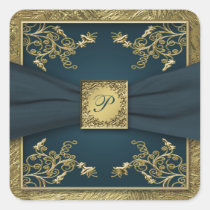 Teal et autocollant floral de mariage de monogramm autocollants