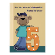 Teddy Bear Hip 5 Year Old - Birthday Party Invitat Custom Announcement