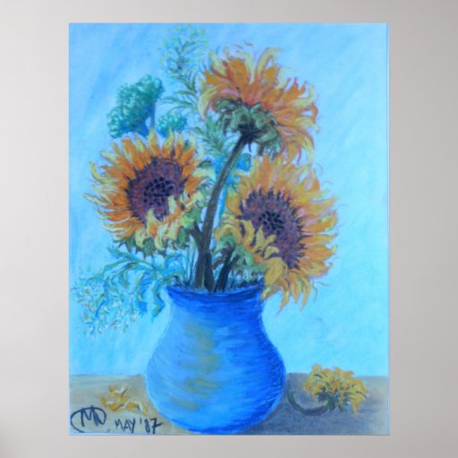 Tournesols dans un vase azuré affiche