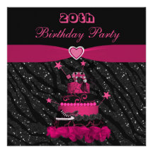 Trendy Pink Cake & Zebra Stripes 20th Birthday Custom Invitations