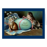 Trois chats et grand oeuf de pâques bleu cartes