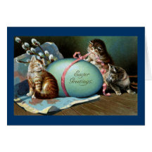 Trois chats et grand oeuf de pâques bleu cartes