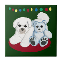 Tuile de chien de Bichon Frise de Noël et d'ours d Carreau