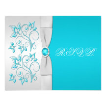 Turquoise IMPRIMÉE de RUBAN, carte florale argenté Invitation