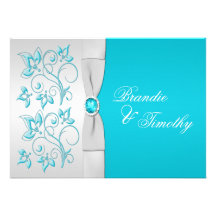 Turquoise IMPRIMÉE de RUBAN, mariage floral argent Invitations