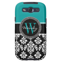Turquoise, nom noir d'initiale de damassé étui galaxy SIII