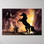 Un étalon noir de élevage au coucher du soleil poster