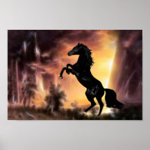 Un étalon noir de élevage au coucher du soleil poster
