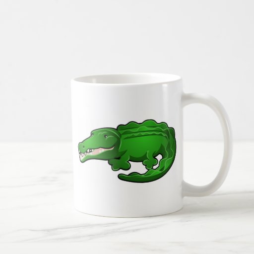Un personnage de dessin animé mignon d'alligator o tasse à café