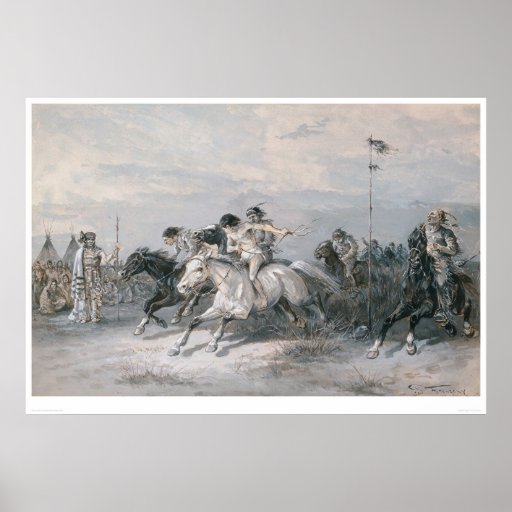 Une course de cheval dans un camp indien de Sioux  Poster