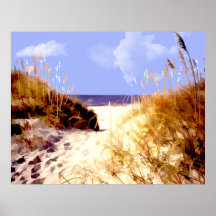 Une vue par les dunes vers l'océan poster