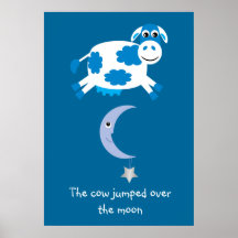 Vache bleue mignonne sautée au-dessus de la lune affiches