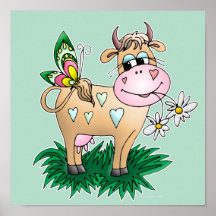 Vache et papillon mignons affiche