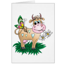 Vache et papillon mignons carte de vœux