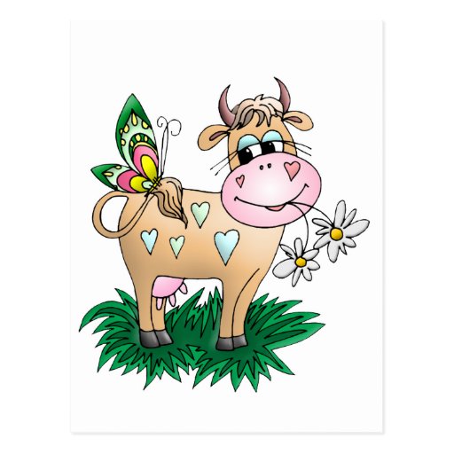Vache et papillon mignons carte postale