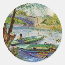 Van Gogh pêchant au printemps, beaux-arts vintages Autocollants