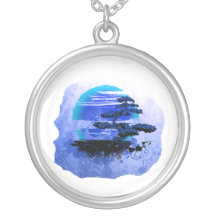 Version bleue graphique vintage de bonsaïs collier personnalisé