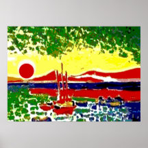 Voiles et coucher du soleil de plage poster