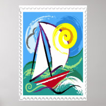 Voilier abstrait et timbre de Sun Affiche