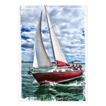 Voilier rouge, ciel bleu, bords de mer verte bristol
