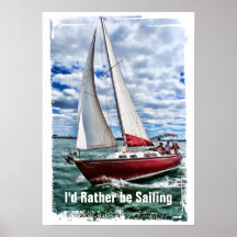 Voilier rouge, ciel bleu, bords de mer verte affiches