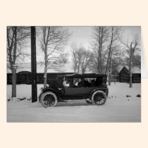 Voiture avec l'arbre de Noël attaché sur le capot cartes