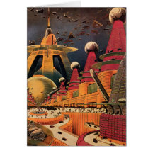 Voiture futuriste vintage de vol de ville de la sc carte