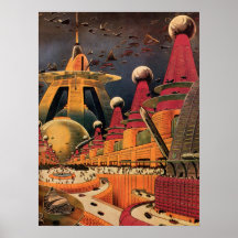 Voiture futuriste vintage de vol de ville de la sc affiches