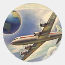 Vol vintage d'avion autour du monde en nuages autocollants ronds