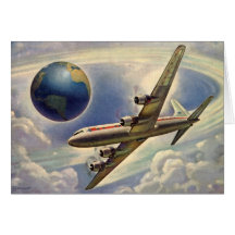Vol vintage d'avion autour du monde en nuages cartes de vœux