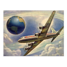 Vol vintage d'avion autour du monde en nuages carte postale