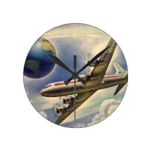 Vol vintage d'avion autour du monde en nuages horloge murale