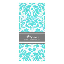 Wedding Menu Grey Aqua Damask Pattern Customized Rack Card